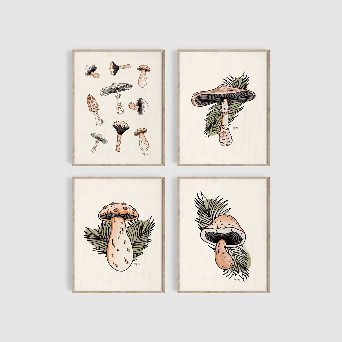 4 Set Mushroom Minimal Illustrated Art Prints