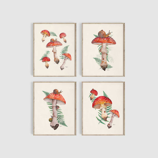 4 Set Mushroom Illustrated Art Prints