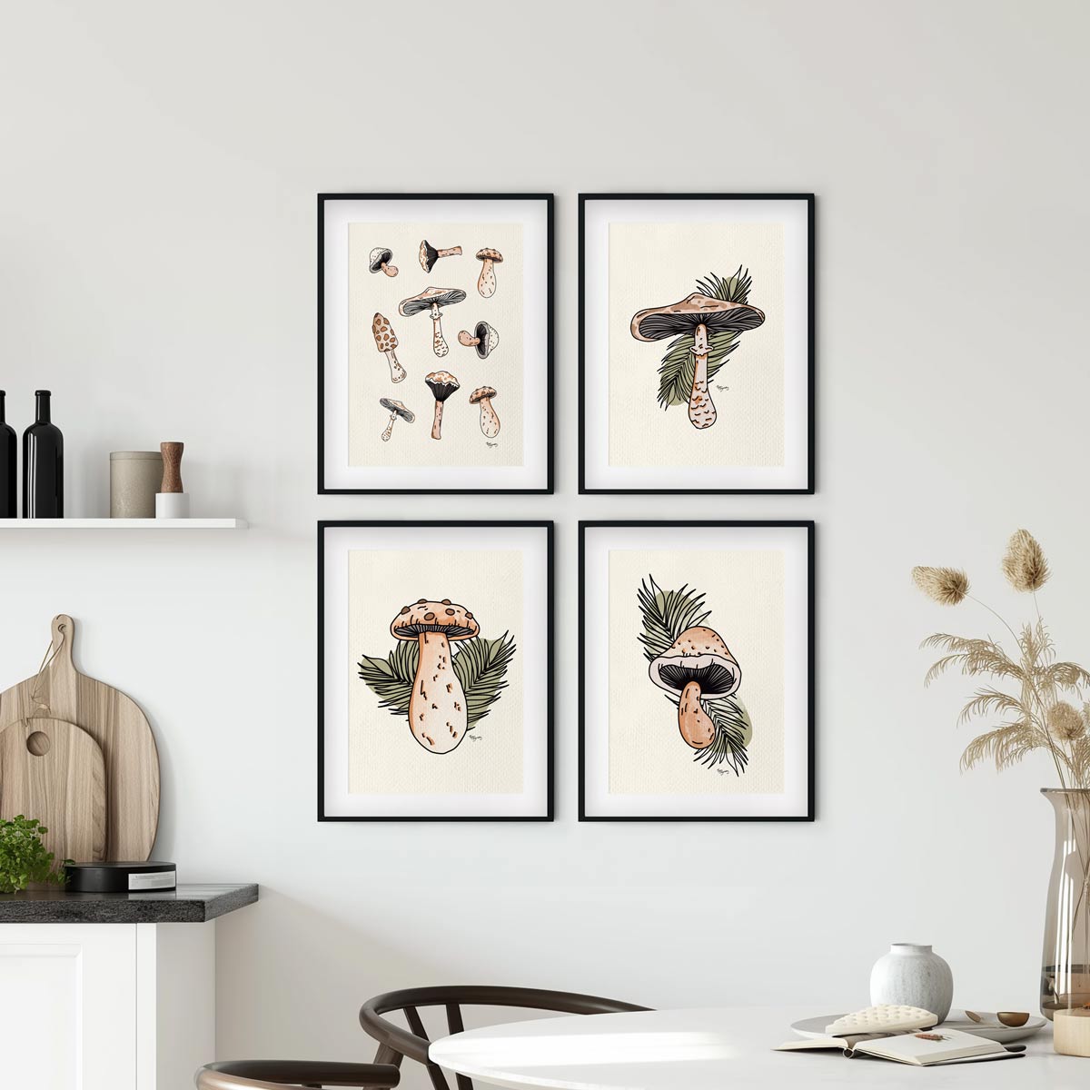 4 Set Mushroom Minimal Illustrated Art Prints