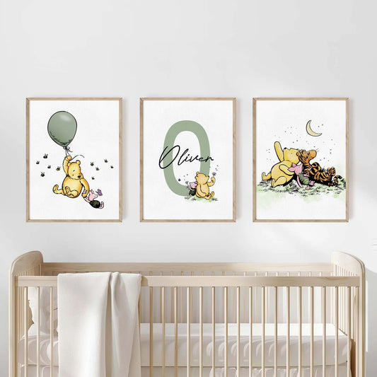 Set of 3 Personalized Name Winnie the Pooh Nursery Prints