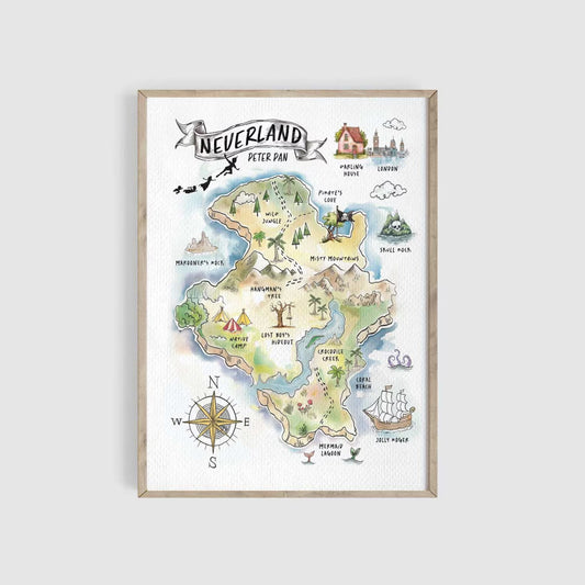 Peter Pan's Neverland Watercolor Map Art Print