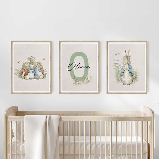 Set of 3 Personalized Name Peter Rabbit Nursery Prints