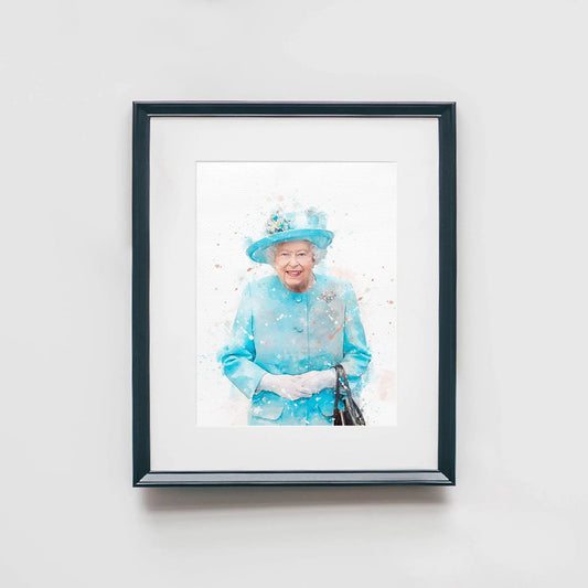 Queen Elizabeth II Blue Dress Portrait Watercolor Art Print